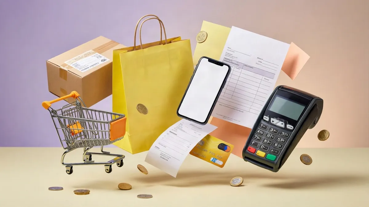 Handvagn, brun kartong, gul pose, mobiltelefon, kvitton, betalkort, betalterminal och mynt flyger mot gradientbakgrund.