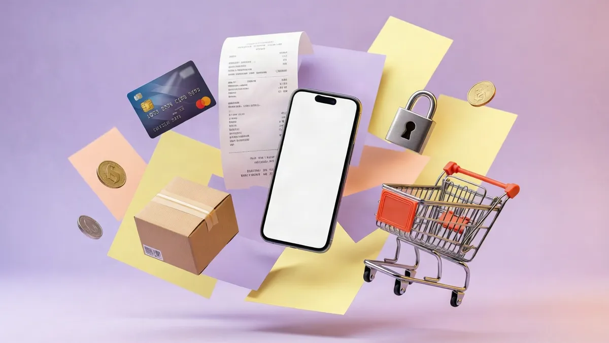 En smartphone omgiven av ett shoppingvagn, paket, kort, lås, mynt och kvitto svävar ovanpå färgglada papper.